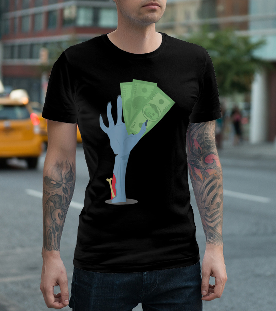 Zombie Hand Gripping Dollar Bills Halloween Party T-Shirt