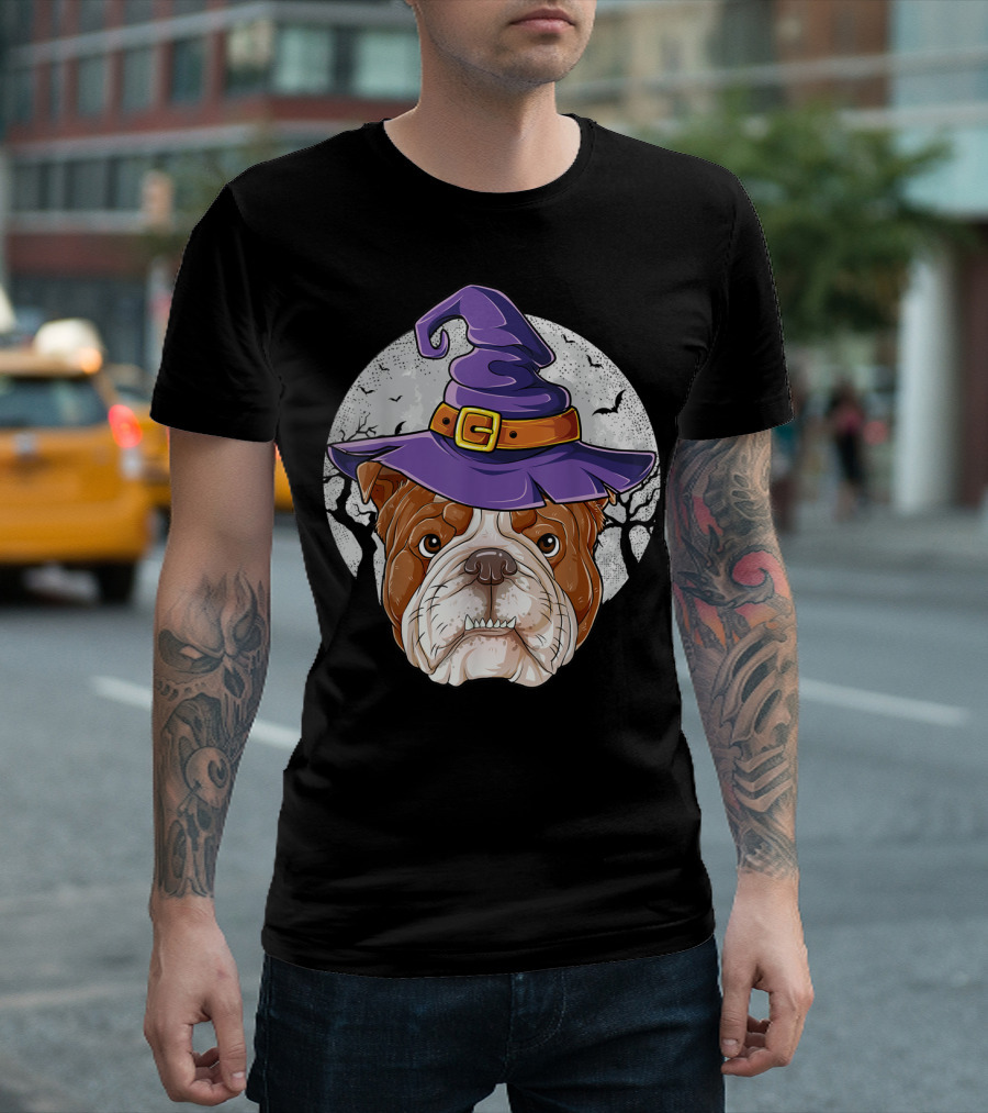 English Bulldog Witch Halloween Costume Dog Kids Girls Women T-Shirt