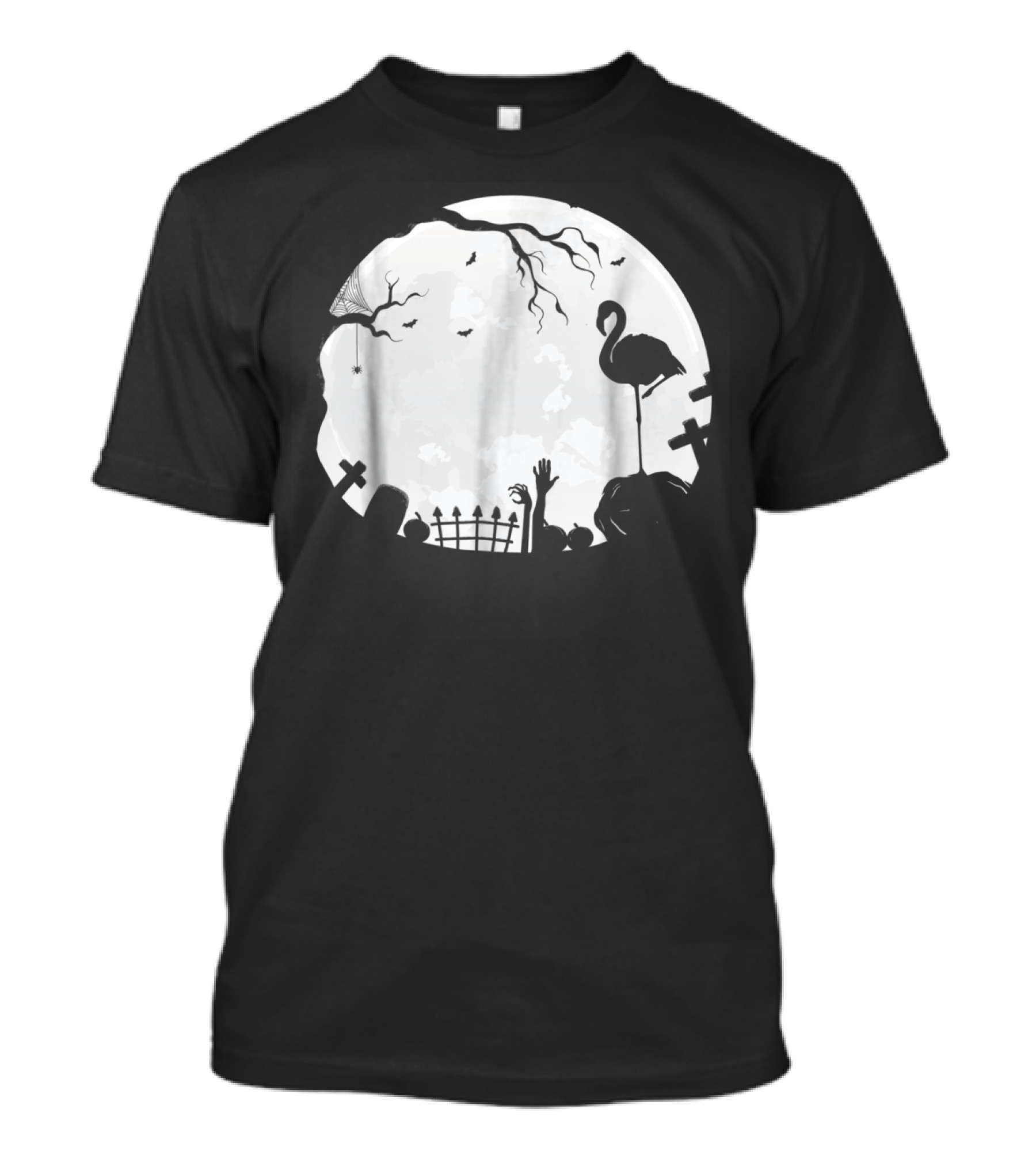Flamingoween Spooky Halloween Night With Flamingo And Graveyard Scene T-Shirt