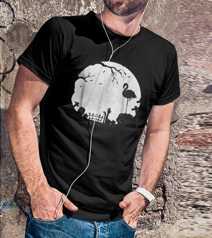 Flamingoween Spooky Halloween Night With Flamingo And Graveyard Scene T-Shirt