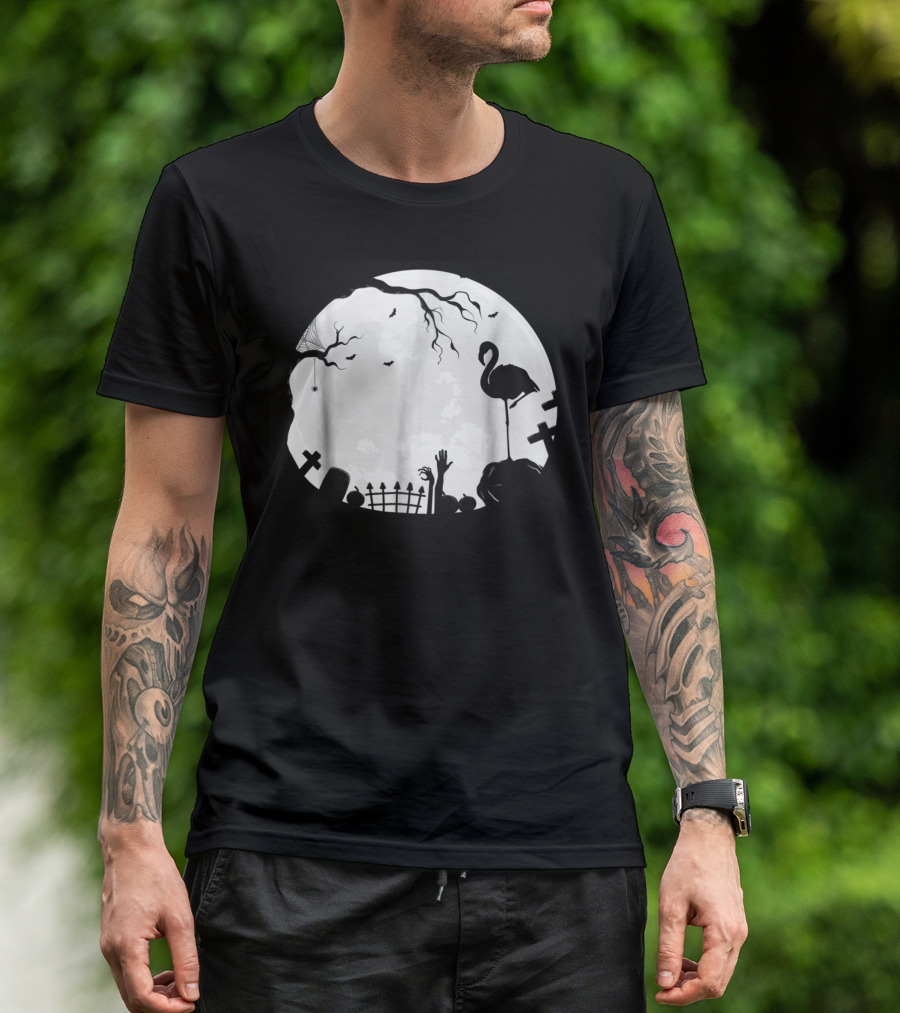 Flamingoween Spooky Halloween Night With Flamingo And Graveyard Scene T-Shirt