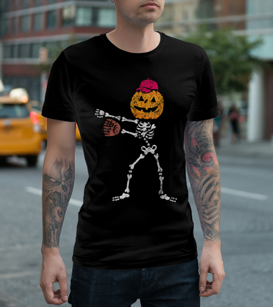 Floss Dance Dabbing Skeleton Pumpkin Head Baseball Halloween Trend T-Shirt