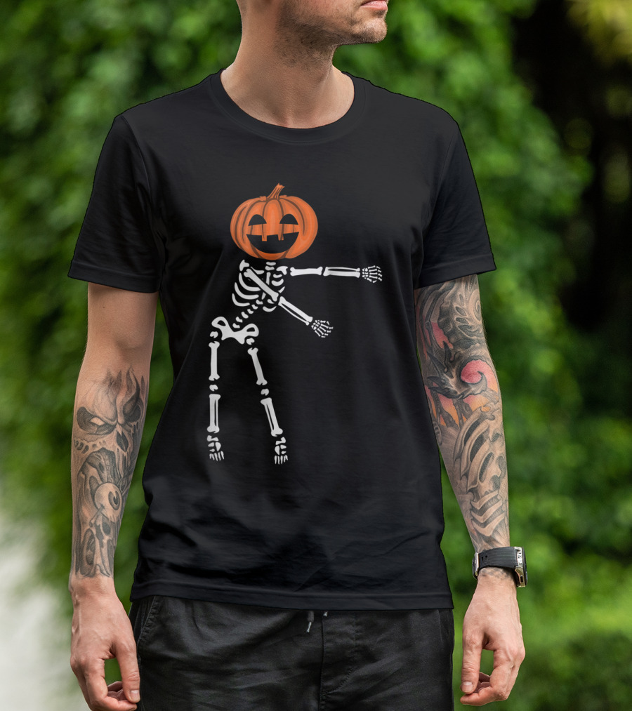 Flossing Skeleton With Pumpkin Head Funny Dance T-Shirt