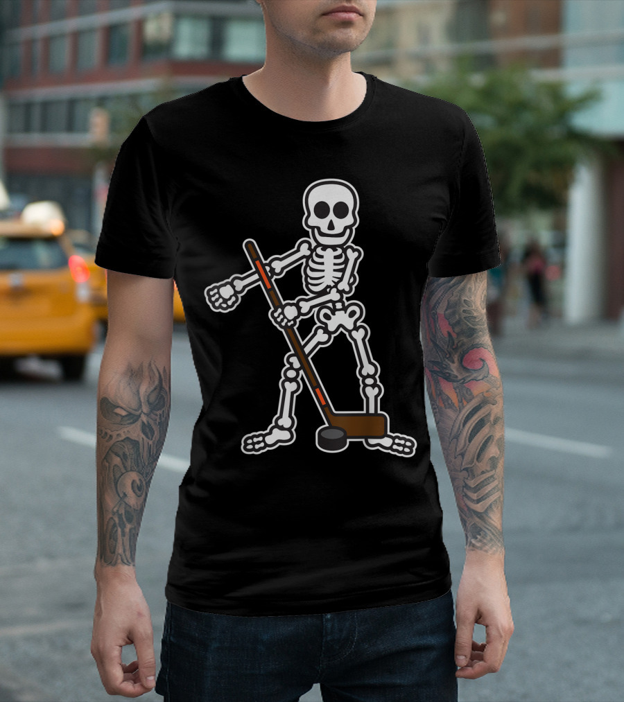 Flossing Skeleton Hockey Player with Stick and Puck T-Shirt
