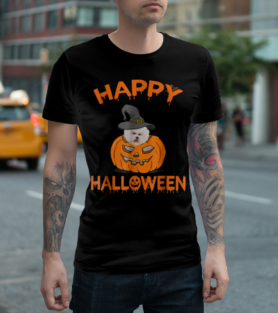 Happy Halloween Bichon Frise In Pumpkin With Witch Hat T-Shirt