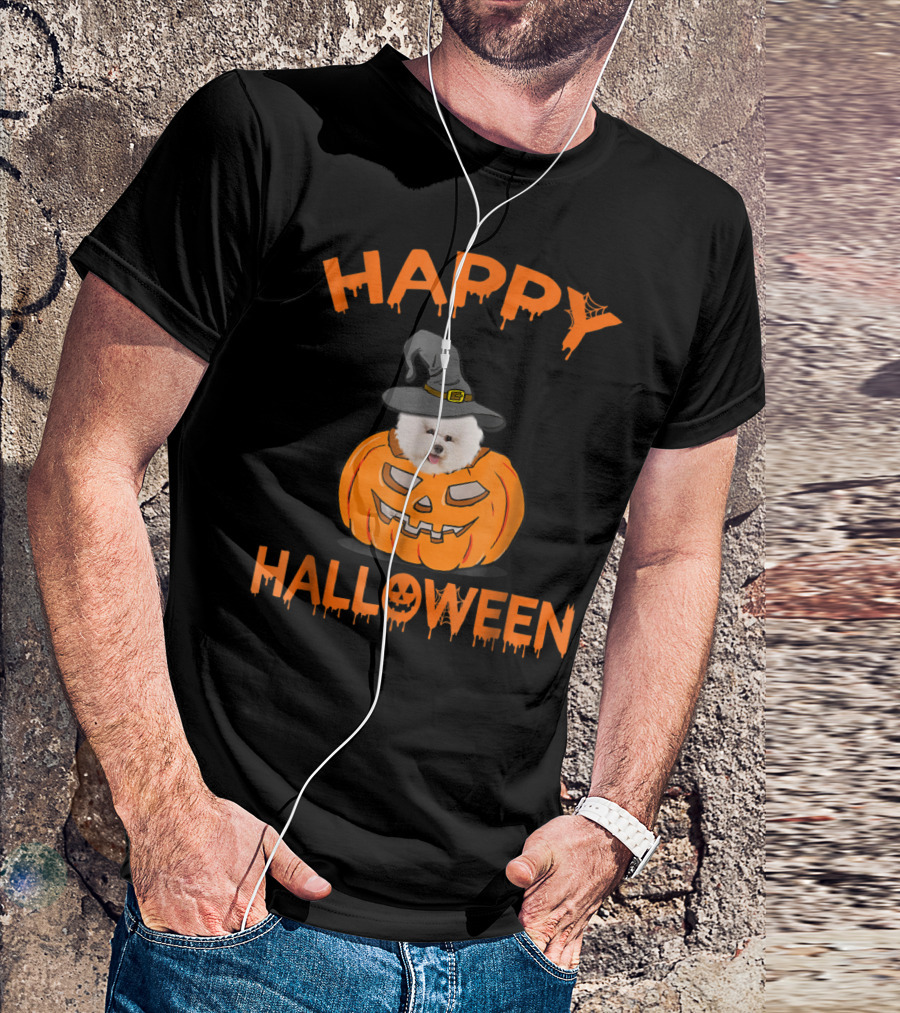 Happy Halloween Bichon Frise In Pumpkin With Witch Hat T-Shirt