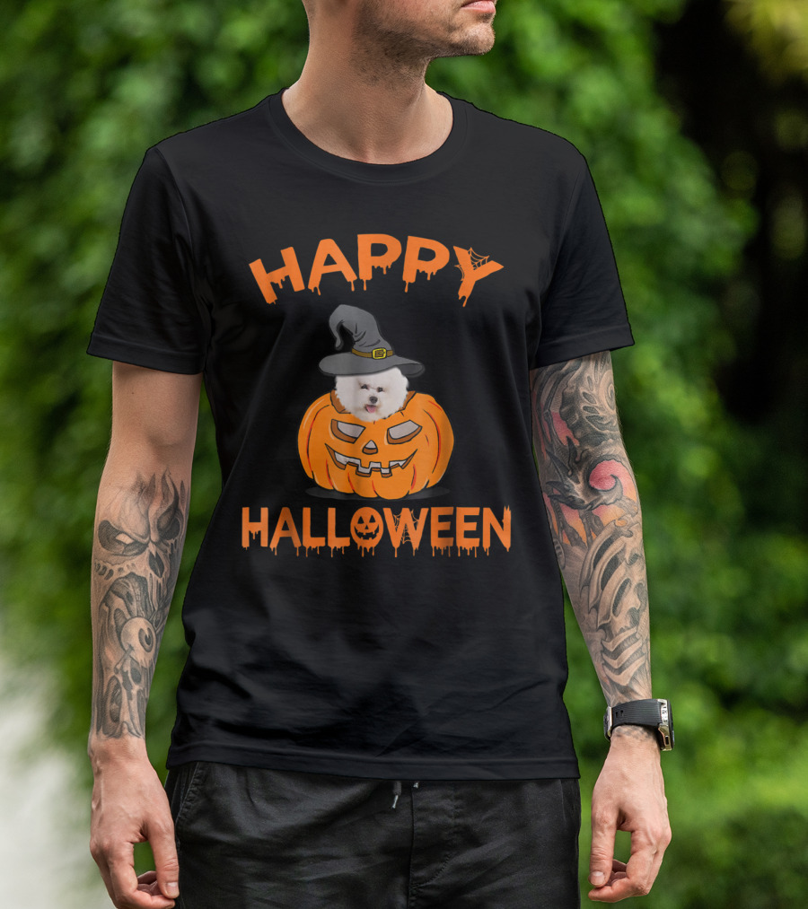 Happy Halloween Bichon Frise In Pumpkin With Witch Hat T-Shirt