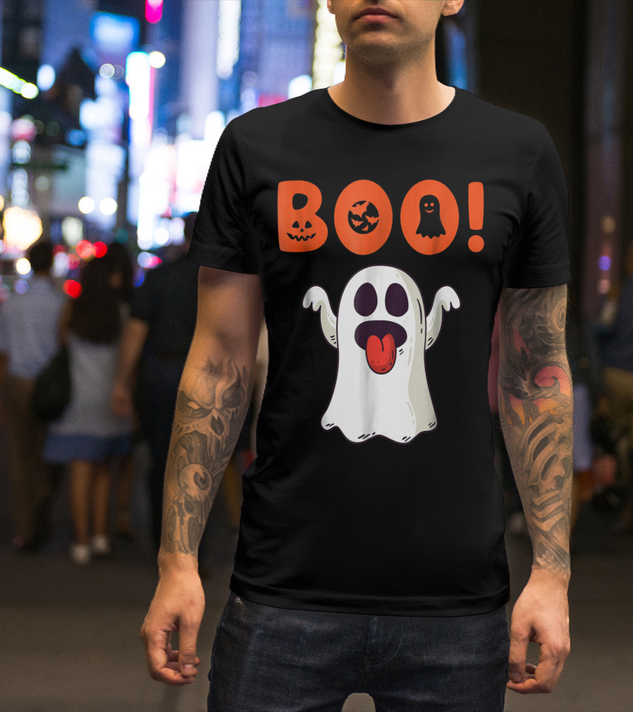 Boo Ghost With Pumpkin And Bat Faces For Halloween Day T-Shirt