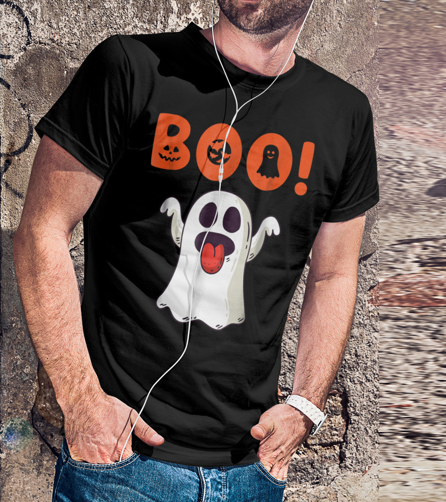 Boo Ghost With Pumpkin And Bat Faces For Halloween Day T-Shirt