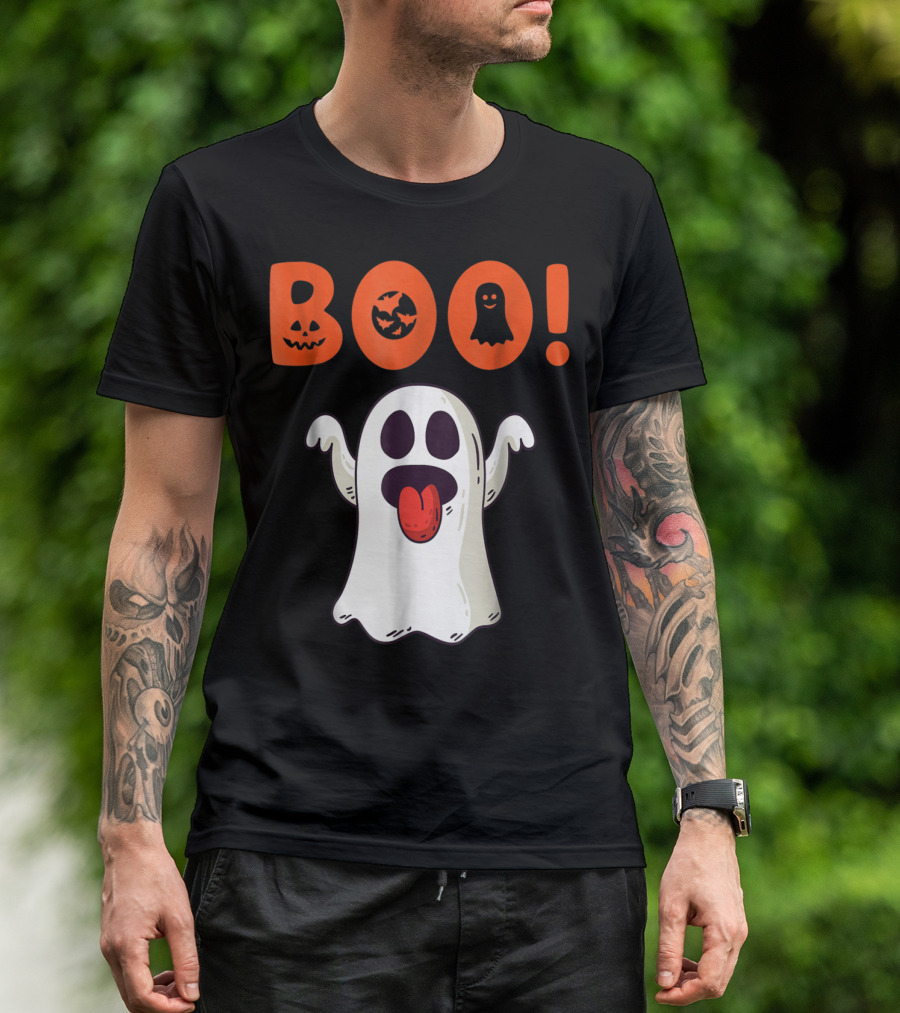Boo Ghost With Pumpkin And Bat Faces For Halloween Day T-Shirt