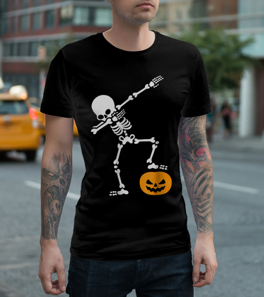 Funny Pumpkin Head Skeleton Dabbing Pose T-Shirt