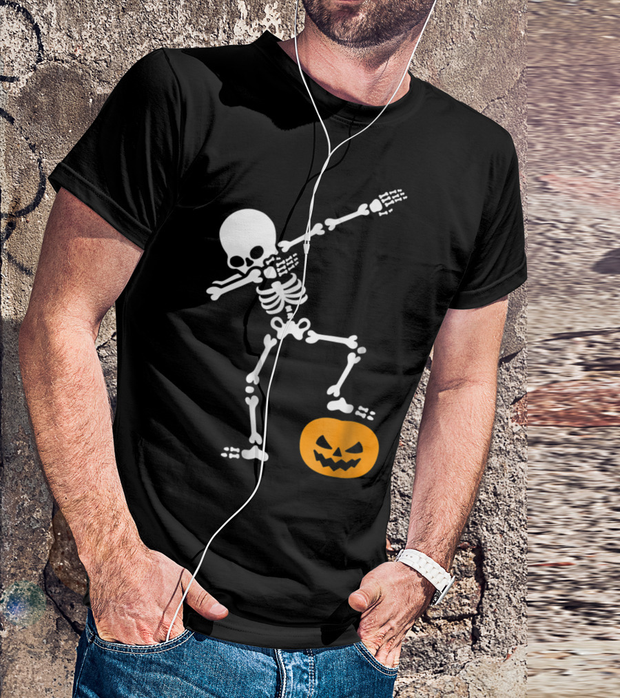 Funny Pumpkin Head Skeleton Dabbing Pose T-Shirt