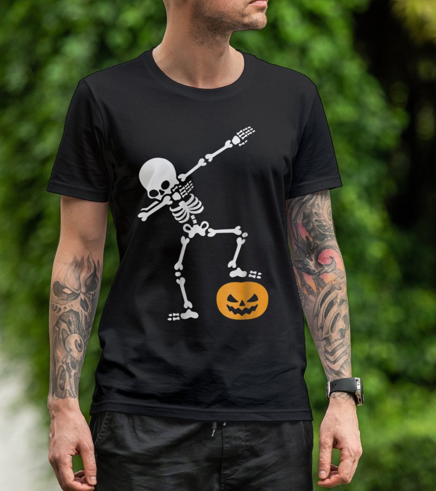 Funny Pumpkin Head Skeleton Dabbing Pose T-Shirt