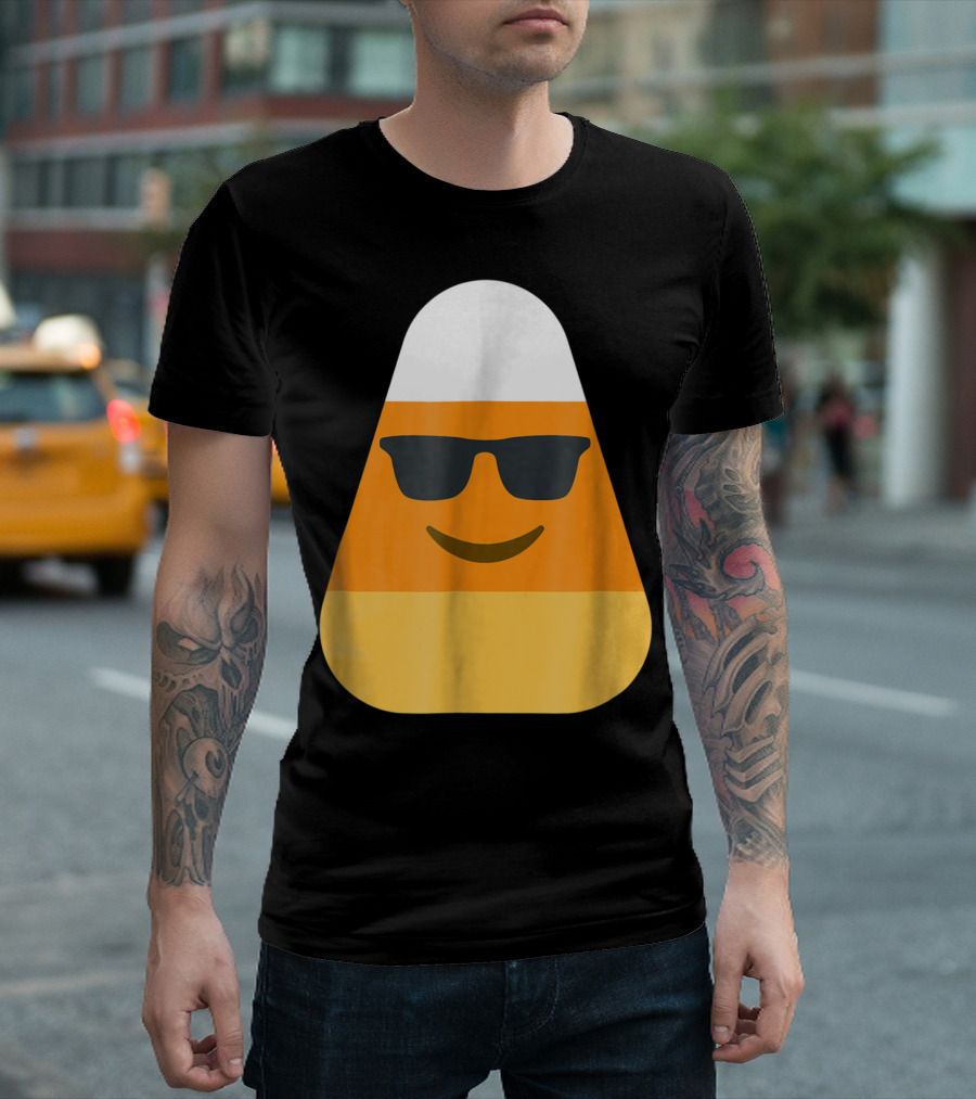 Funny Halloween Candy Corn With Cool Sunglasses Emoji T-Shirt