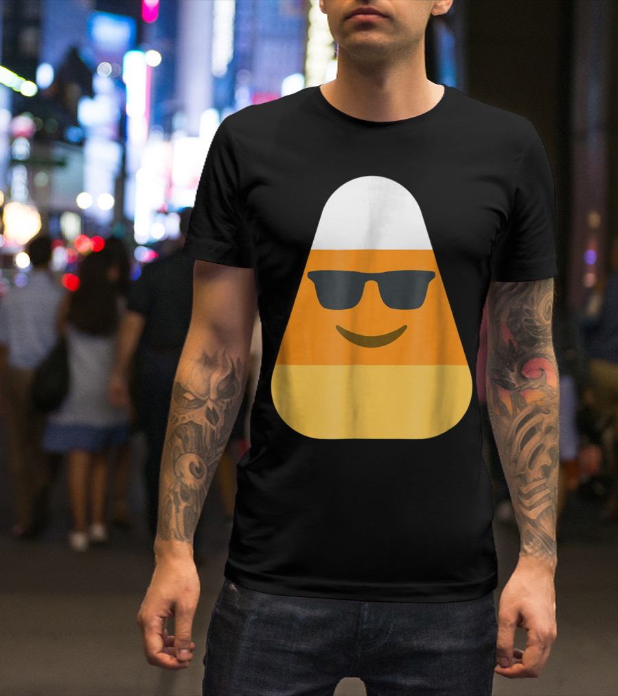 Funny Halloween Candy Corn With Cool Sunglasses Emoji T-Shirt