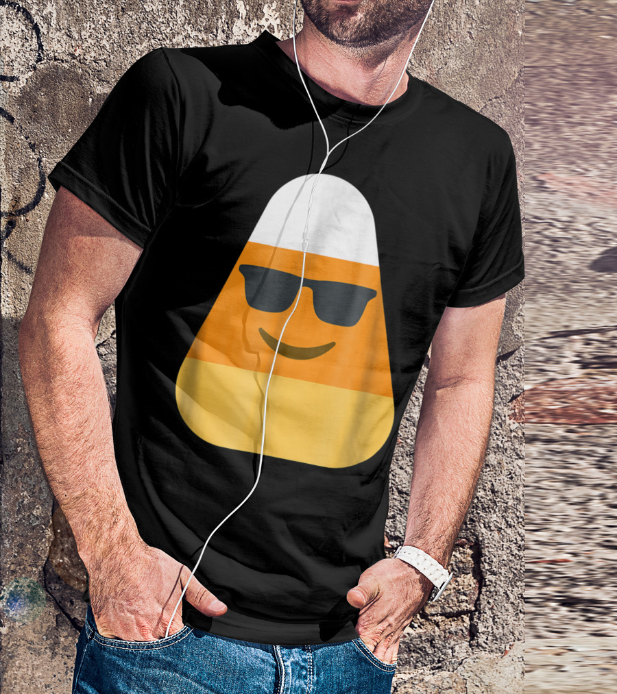Funny Halloween Candy Corn With Cool Sunglasses Emoji T-Shirt