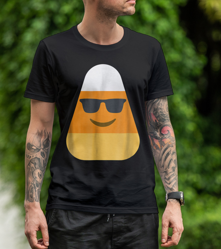 Funny Halloween Candy Corn With Cool Sunglasses Emoji T-Shirt