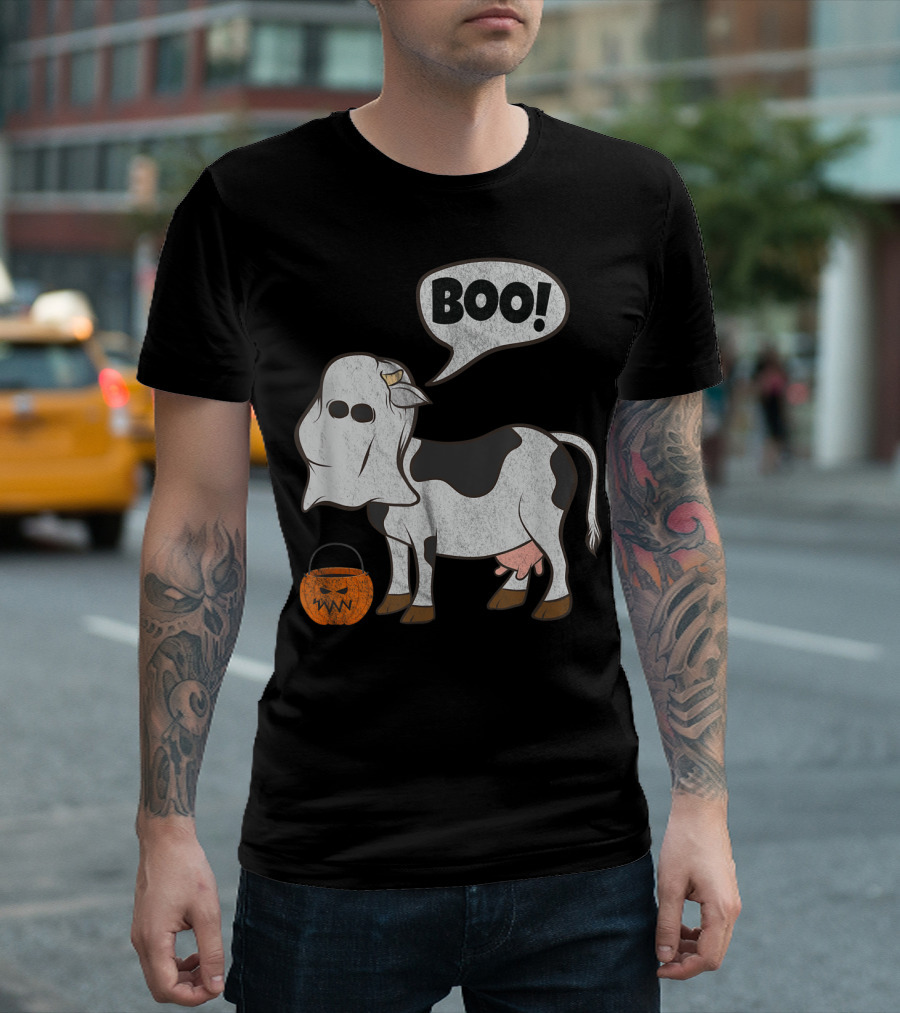 Boo Cow Halloween Ghost Costume With Pumpkin Bucket T-Shirt