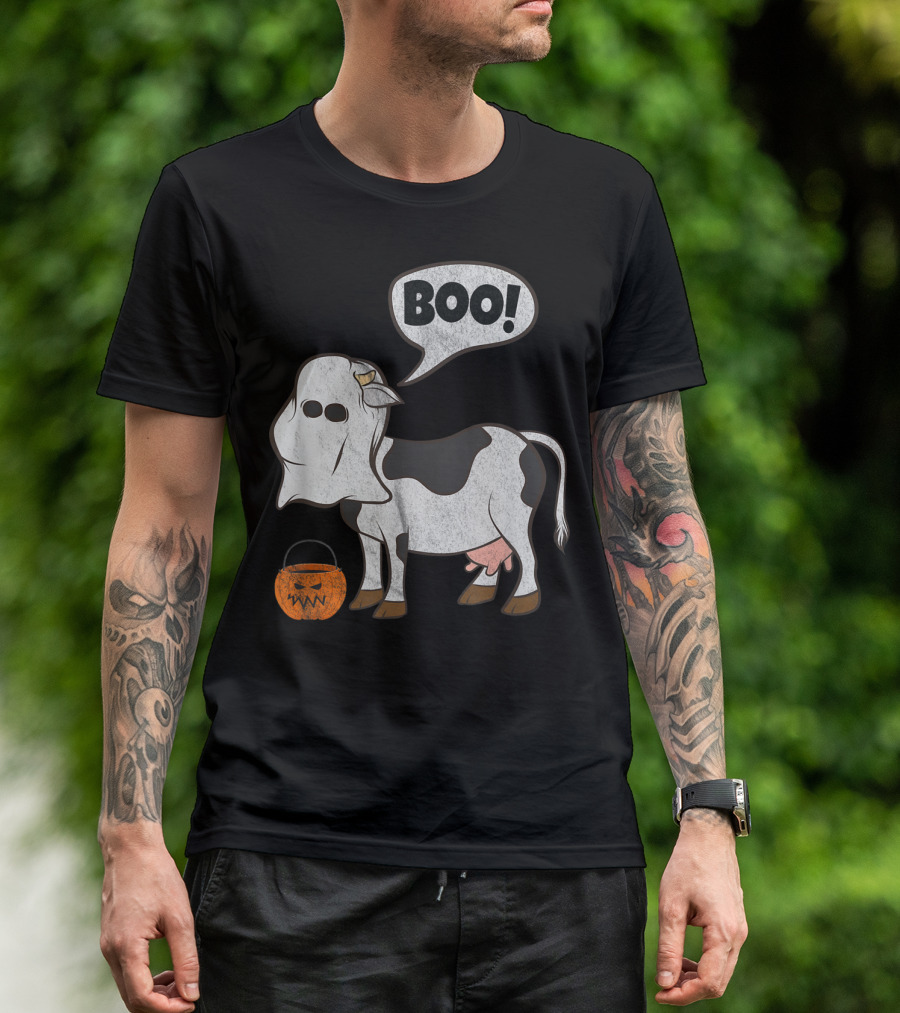 Boo Cow Halloween Ghost Costume With Pumpkin Bucket T-Shirt