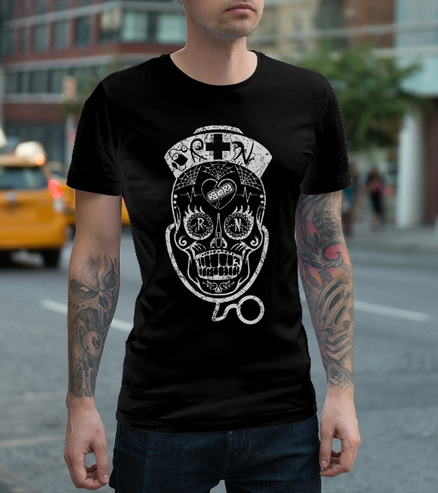 Funny Halloween Nurse Sugar Skull with Heartbeat and Bandage T-Shirt