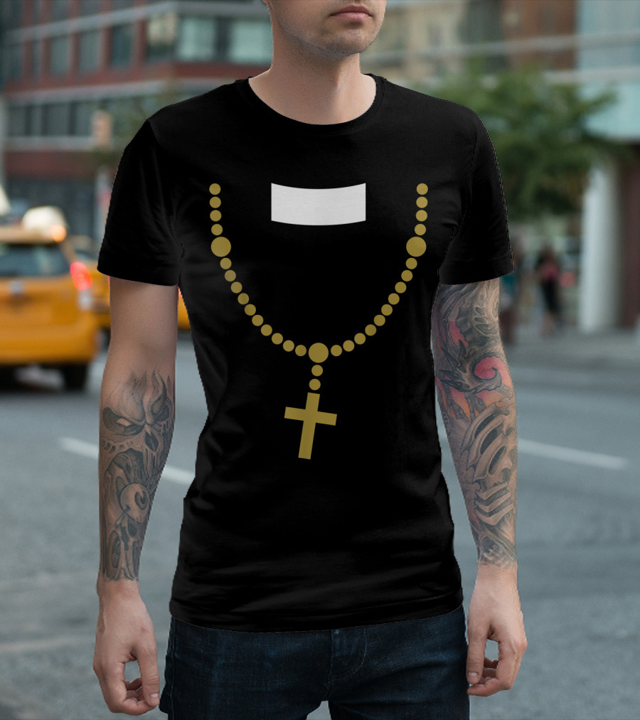 Halloween Priest Costume with Gold Cross Chain Necklace T-Shirt