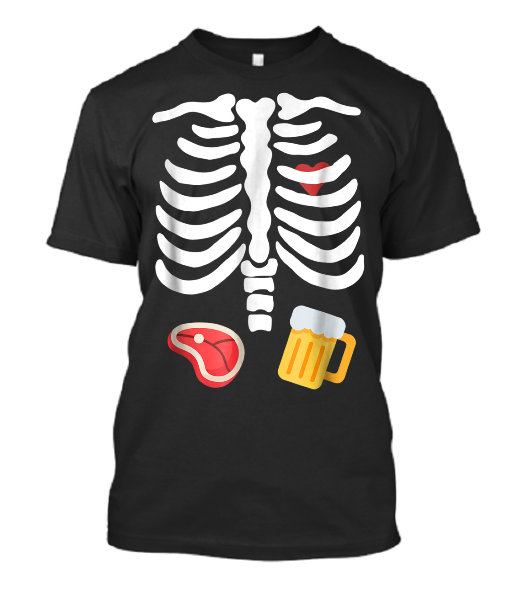 Funny Halloween Skeleton Heart With Beer And Steak T-Shirt