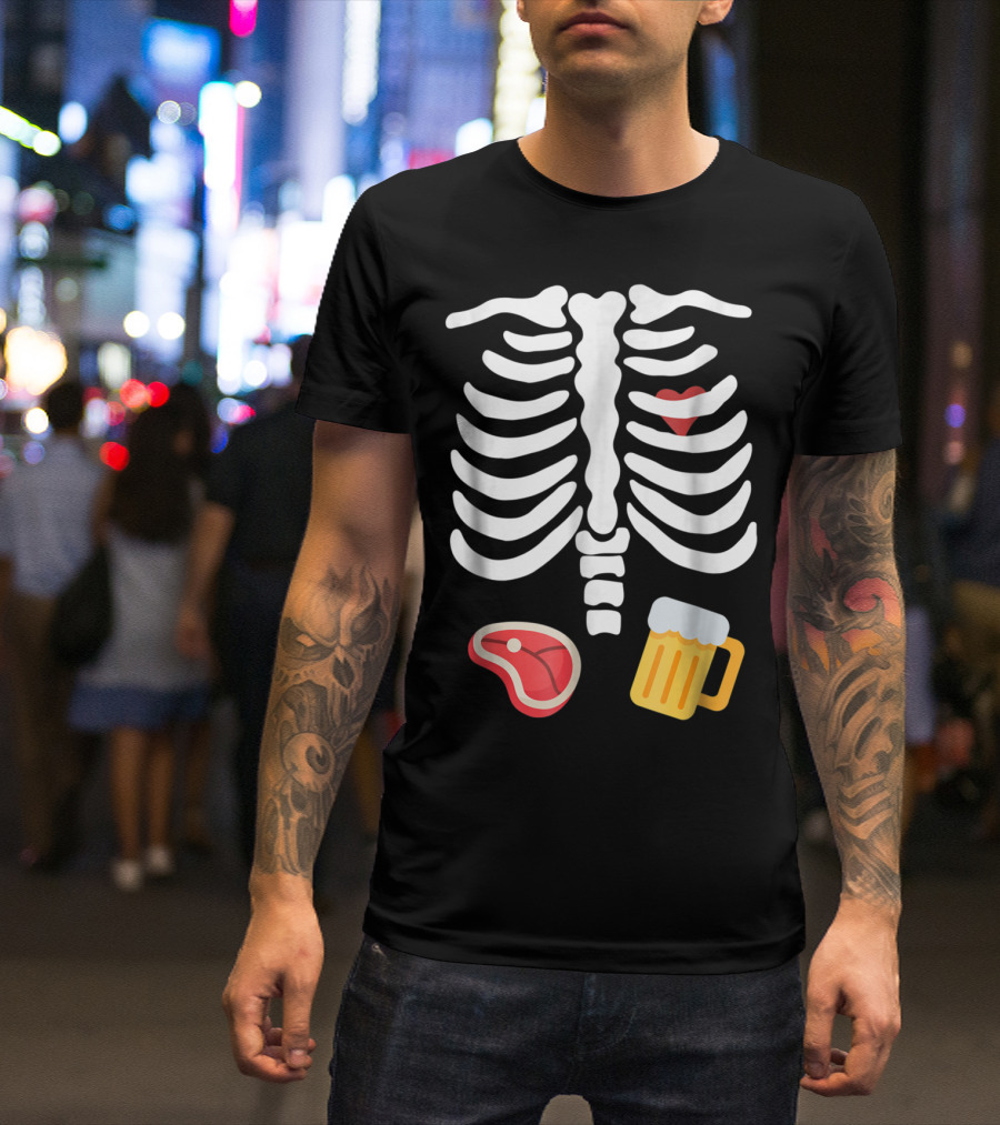 Funny Halloween Skeleton Heart With Beer And Steak T-Shirt