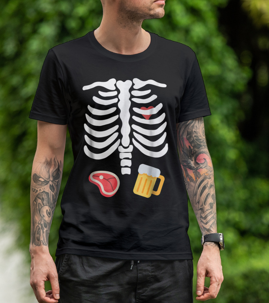 Funny Halloween Skeleton Heart With Beer And Steak T-Shirt