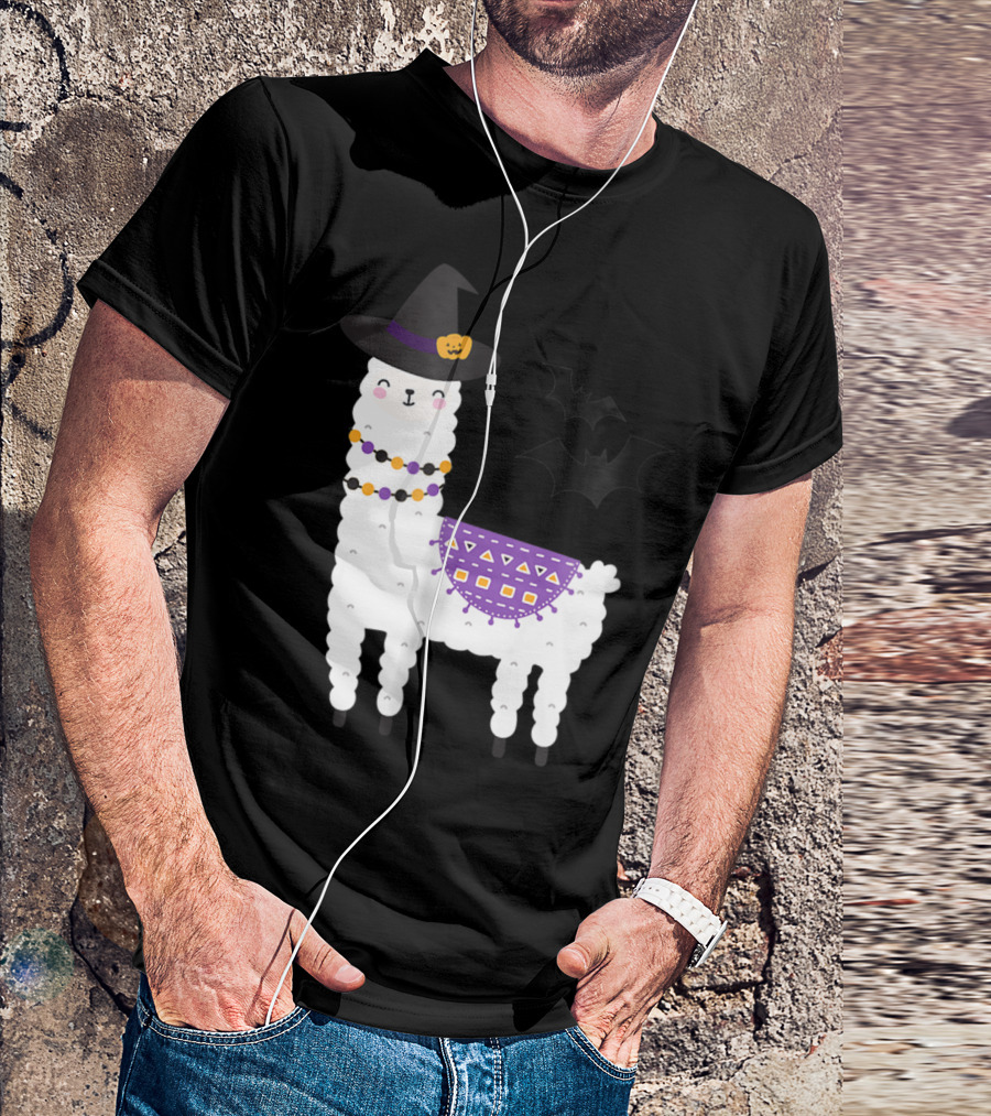 Funny Llama Alpaca Halloween Witch With Bats T-Shirt