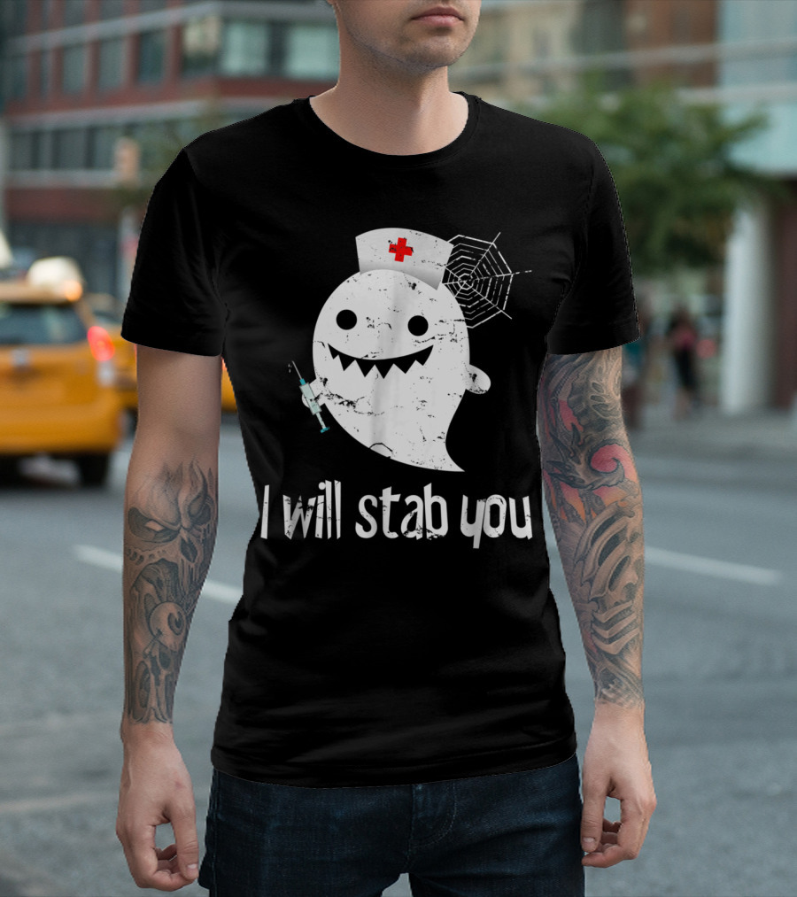 Funny Nurse Ghost Halloween I Will Stab You Syringe Web T-Shirt