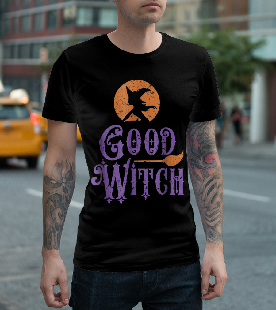 Good Witch Funny Scary Spooky Silhouette With Broom And Moon T-Shirt