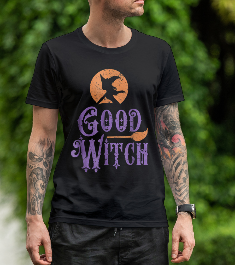 Good Witch Funny Scary Spooky Silhouette With Broom And Moon T-Shirt