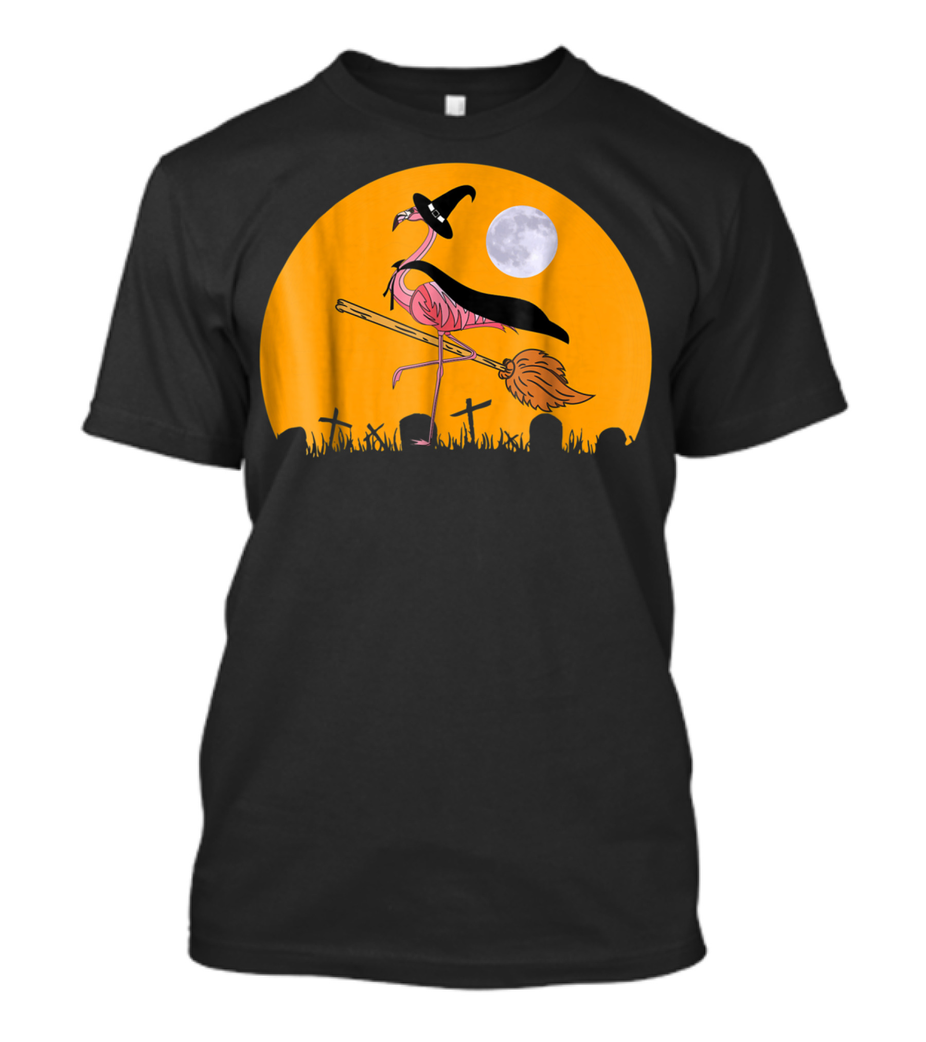 Funny Witch Flamingo Halloween Moon Graveyard Scene T-Shirt