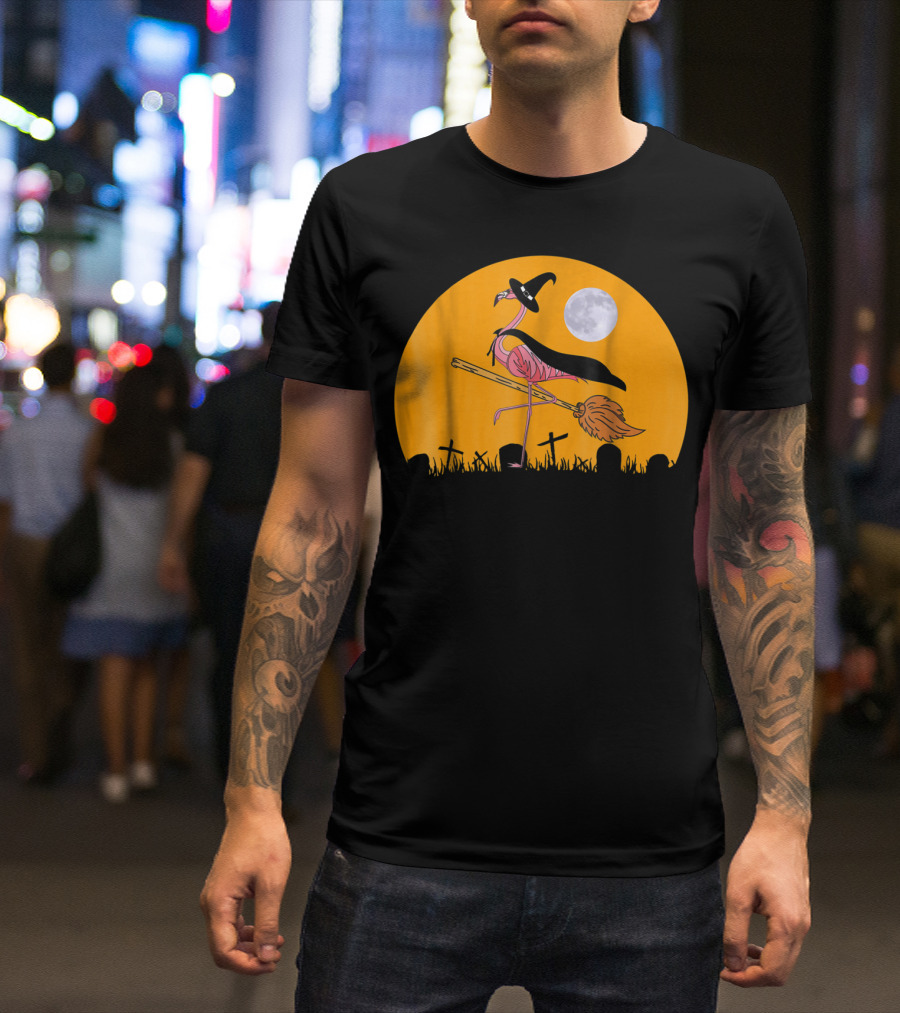 Funny Witch Flamingo Halloween Moon Graveyard Scene T-Shirt
