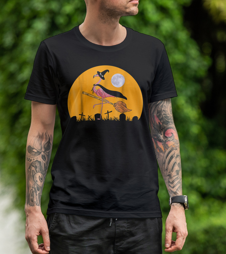 Funny Witch Flamingo Halloween Moon Graveyard Scene T-Shirt