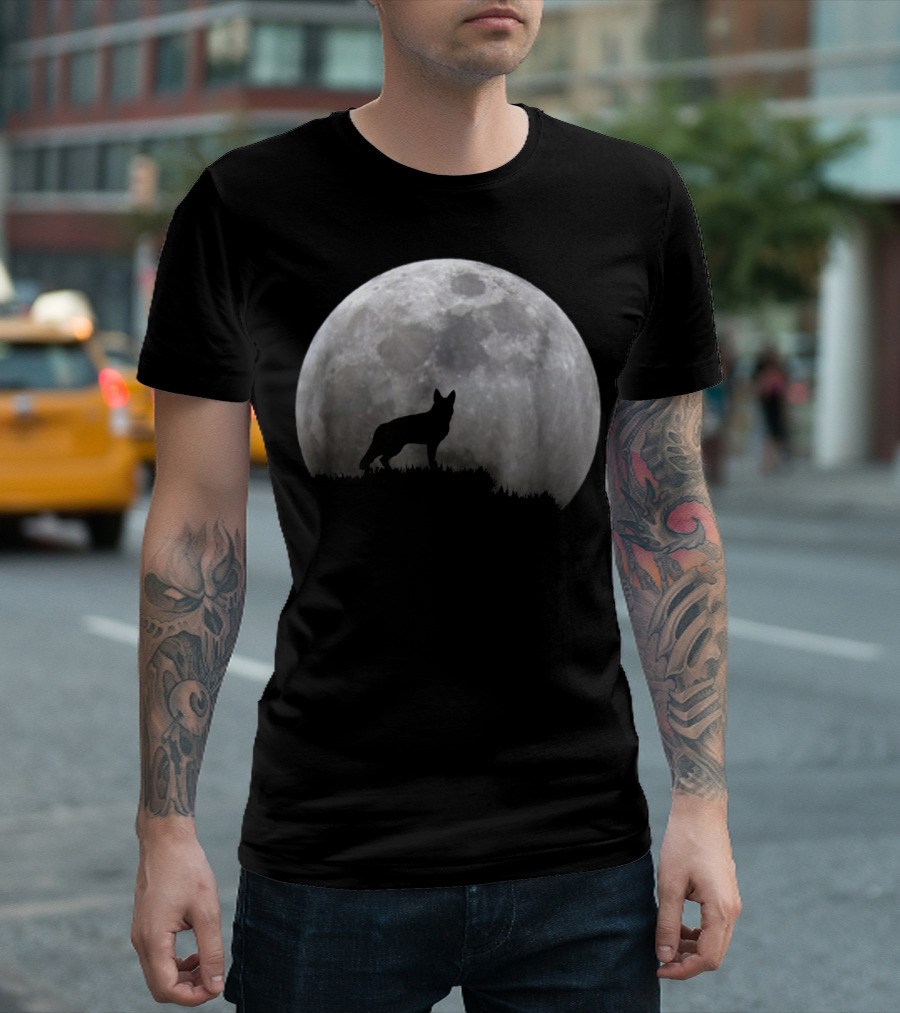 German Shepherd Silhouette Against Full Moon T-Shirt