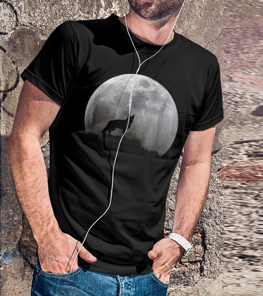German Shepherd Silhouette Against Full Moon T-Shirt