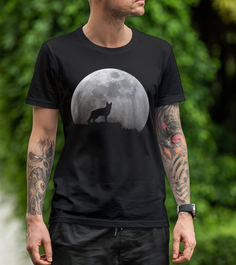 German Shepherd Silhouette Against Full Moon T-Shirt