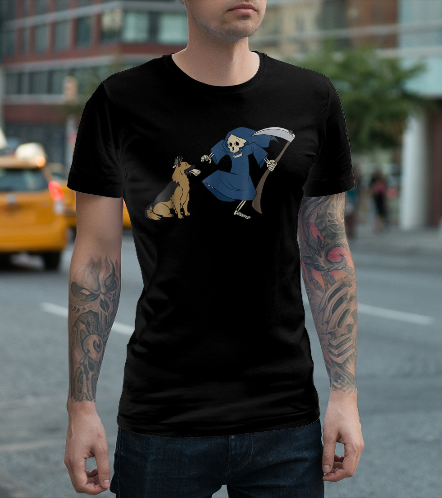 German Shepherd and Grim Reaper Halloween Scene T-Shirt