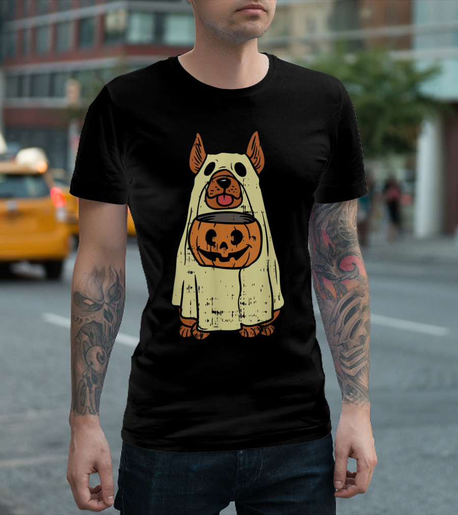 German Shepherd Halloween Ghost with Pumpkin Costume for Dog Owners T-Shirt
