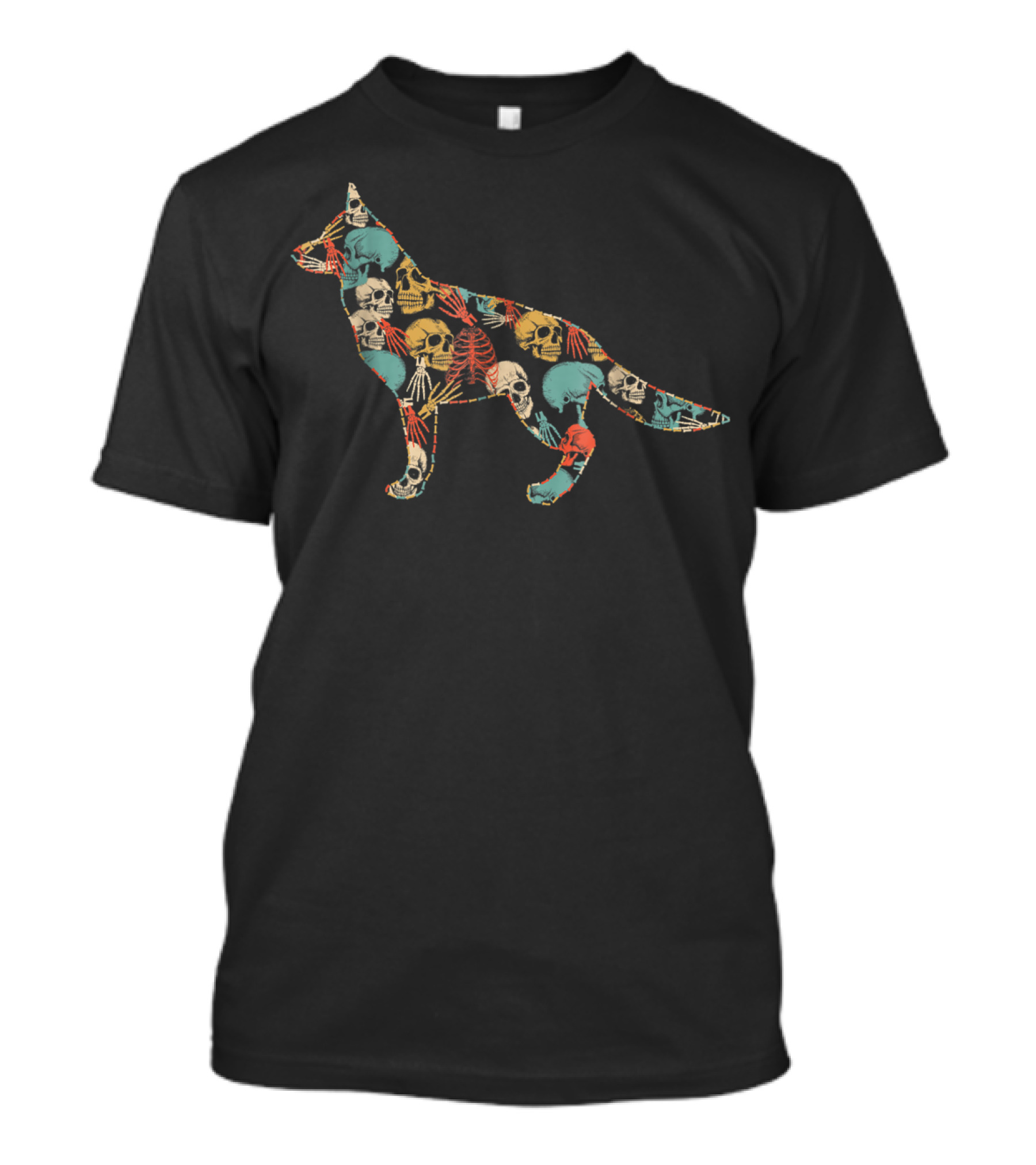 Colorful Patterned German Shepherd Silhouette With Halloween Skulls And Skeletons T-Shirt