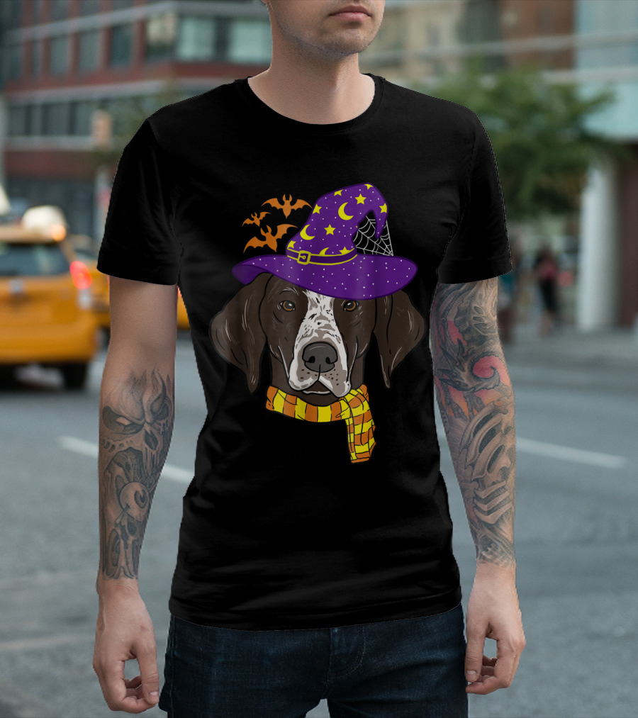 German Shorthaired Pointer in Witch Hat with Flying Bats and Moon Halloween T-Shirt