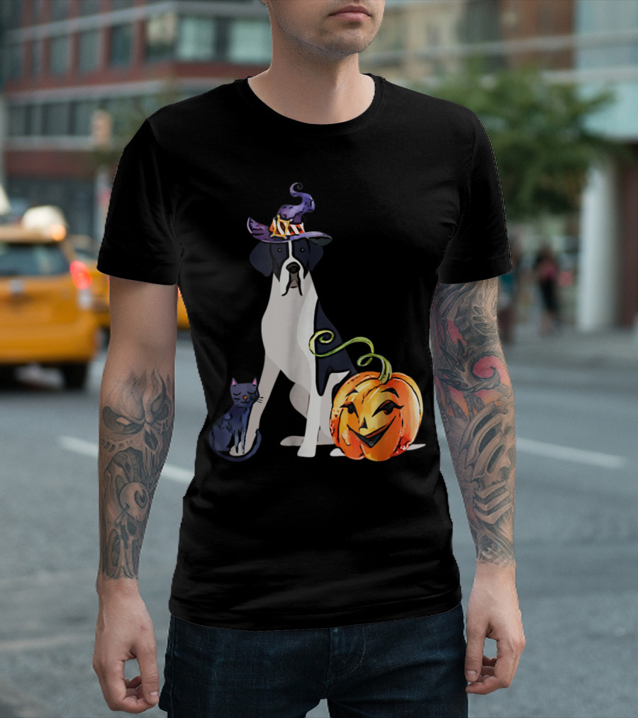 Great Dane Dog Halloween Witch Hat Pumpkin and Cat T-Shirt