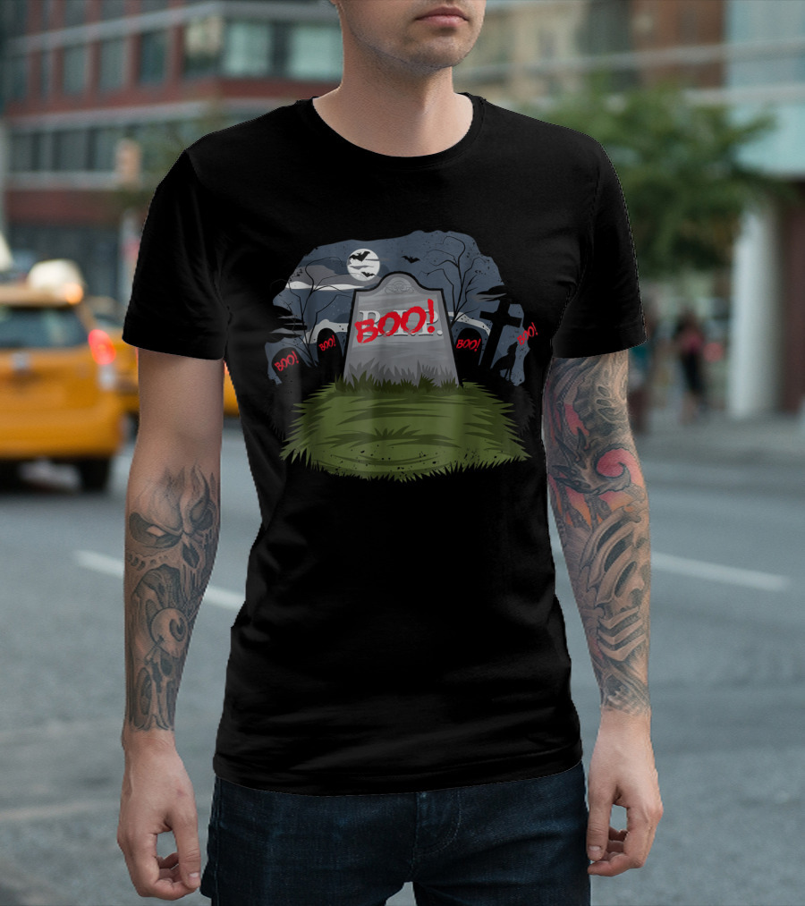 Boo Halloween Graveyard with Bats and Tombstone T-Shirt