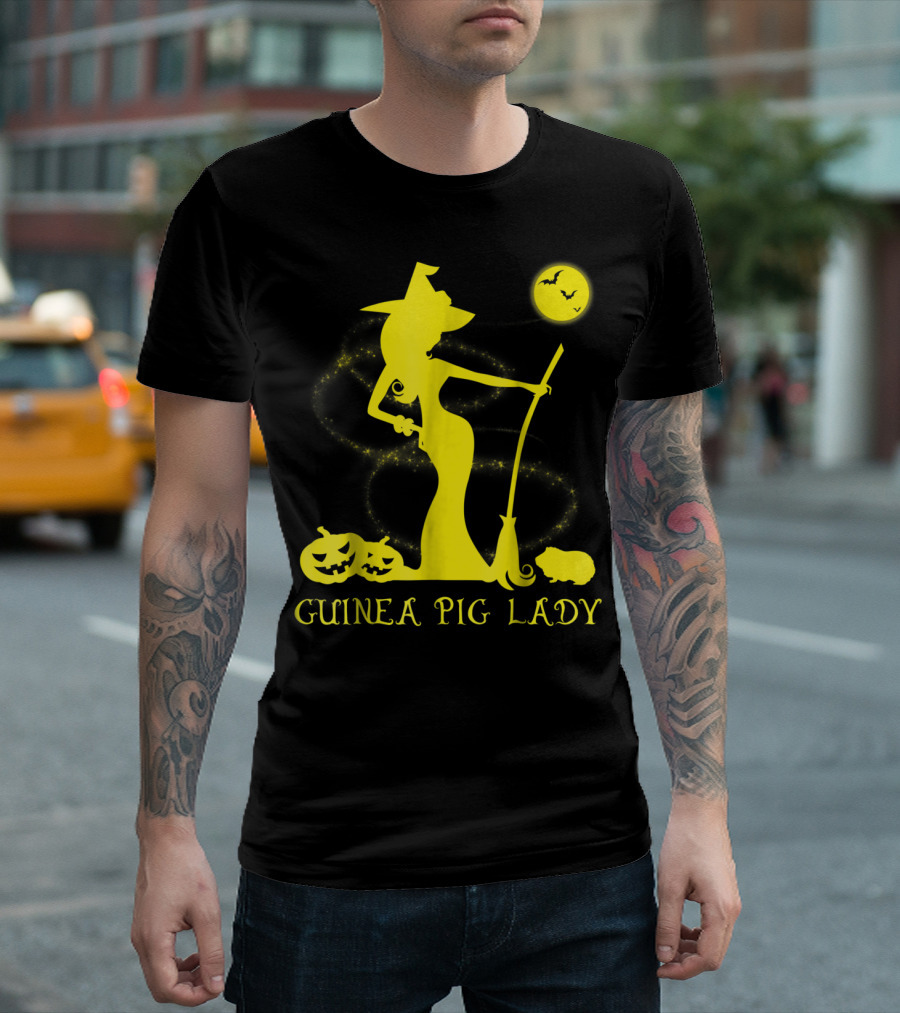 Guinea Pig Lady Witch With Pumpkins And Bats T-Shirt