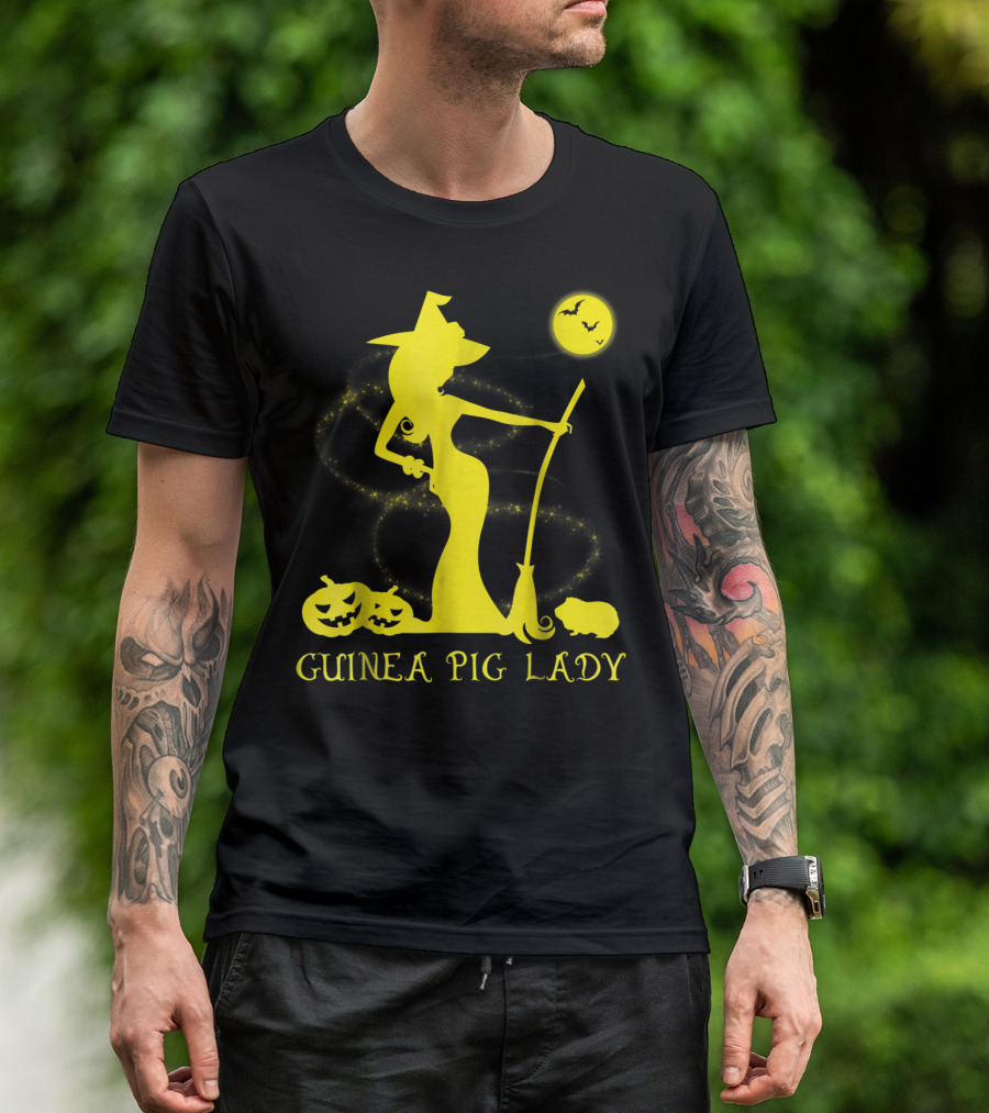 Guinea Pig Lady Witch With Pumpkins And Bats T-Shirt