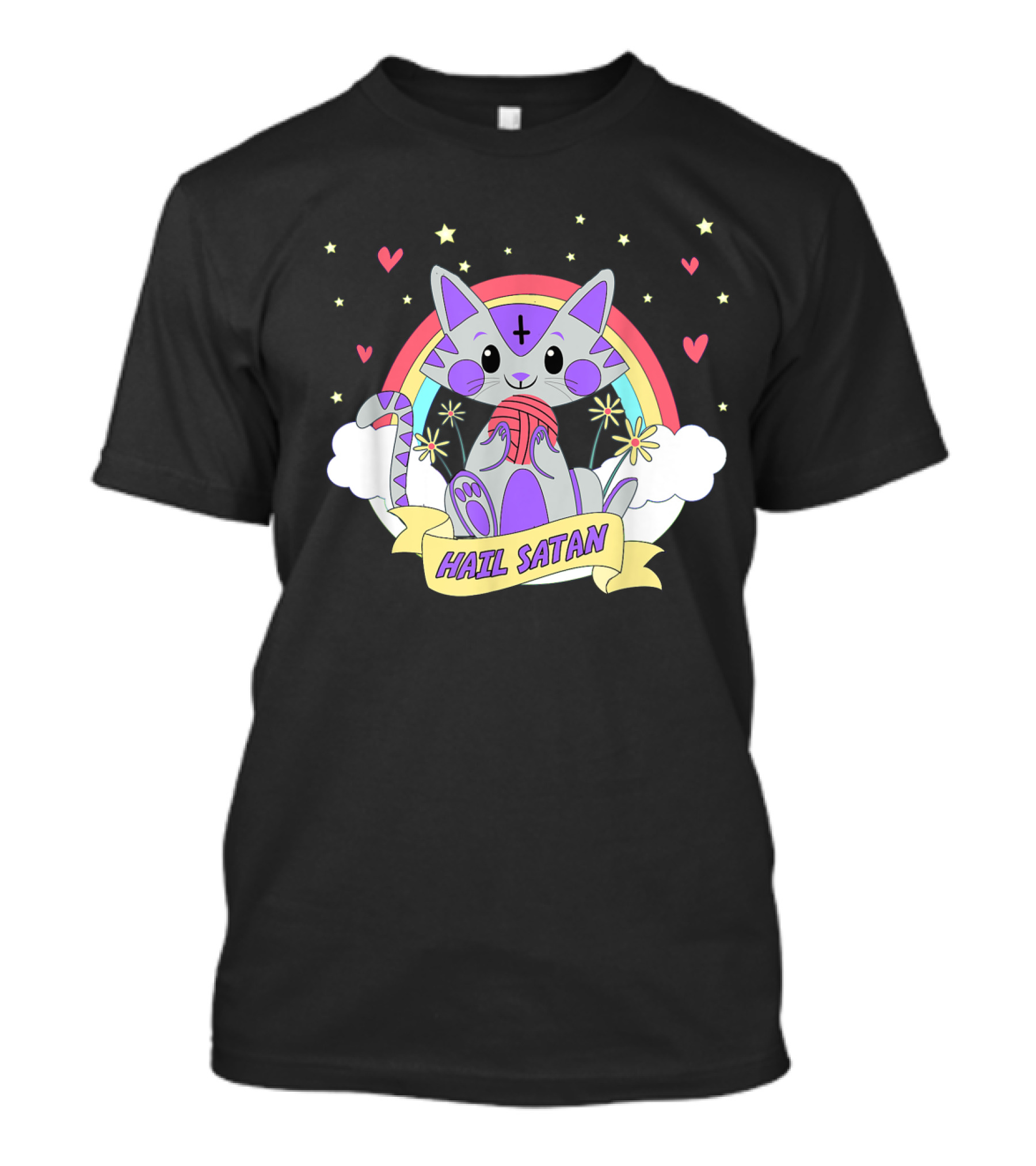 Hail Satan Cute Satanic Kitten Rainbow Hearts Stars T-Shirt