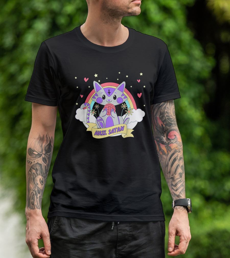Hail Satan Cute Satanic Kitten Rainbow Hearts Stars T-Shirt