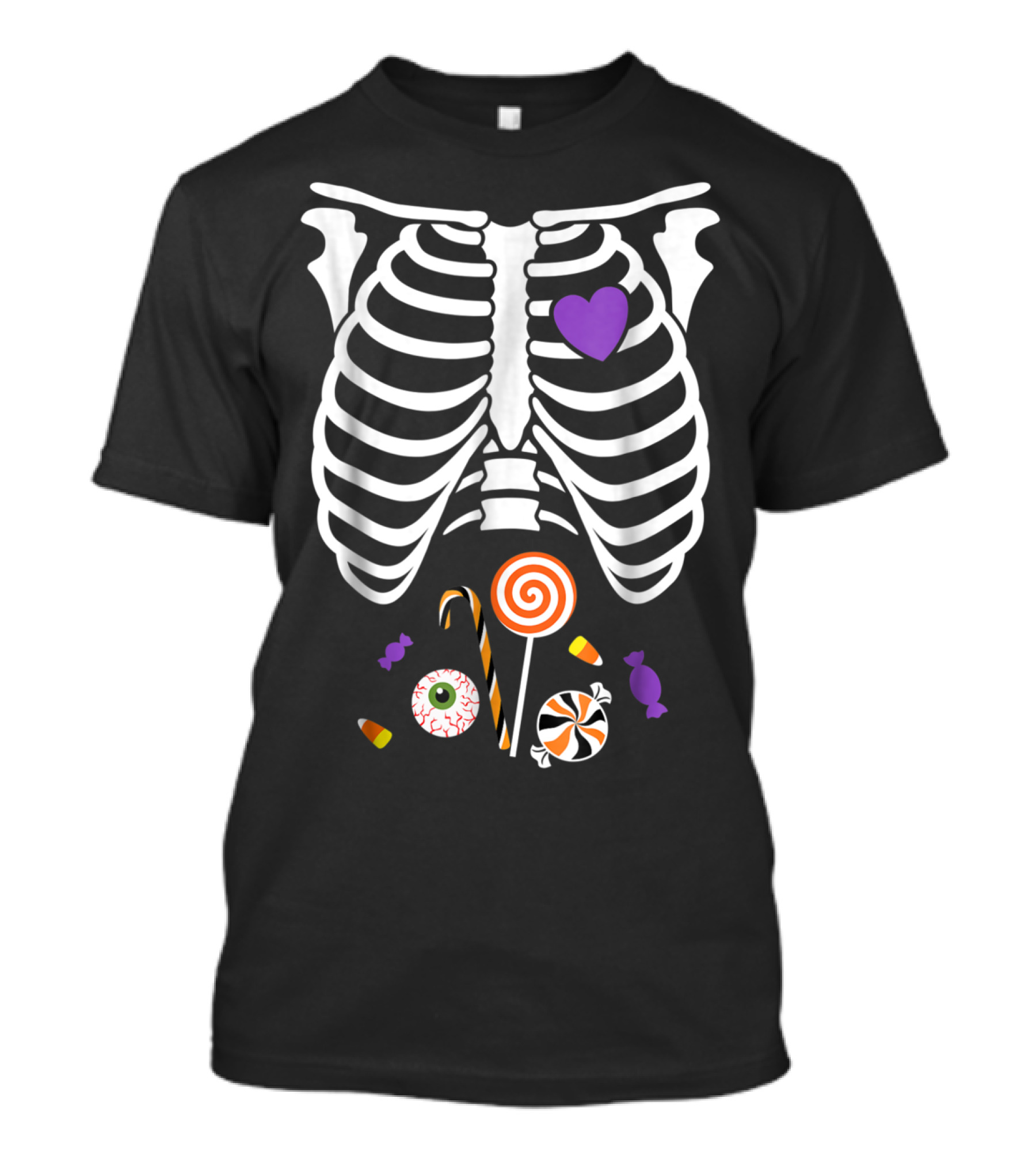 Halloween Candy Rib Cage X Ray Funny Skeleton With Heart Eyeball And Lollipop T-Shirt