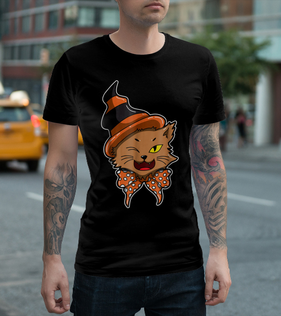 Halloween Cat with Witch Hat and Polka Dot Bow for Cat Lovers T-Shirt
